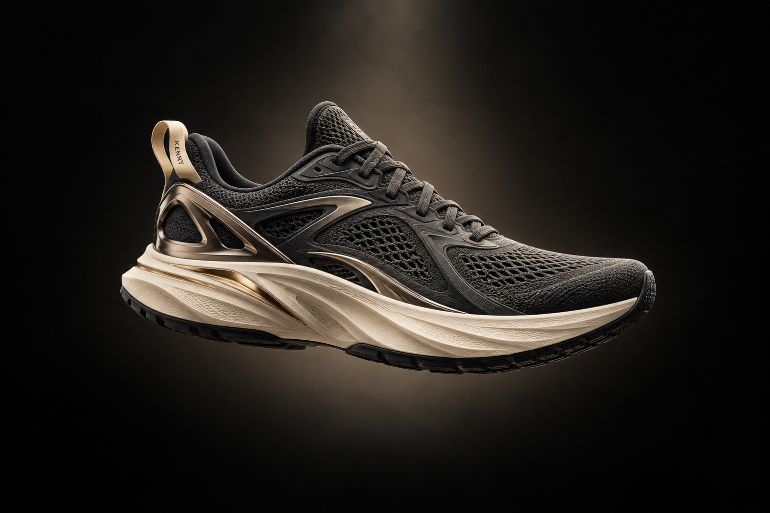 KENNY graphite and ivory running shoe in a sculptural spotlight