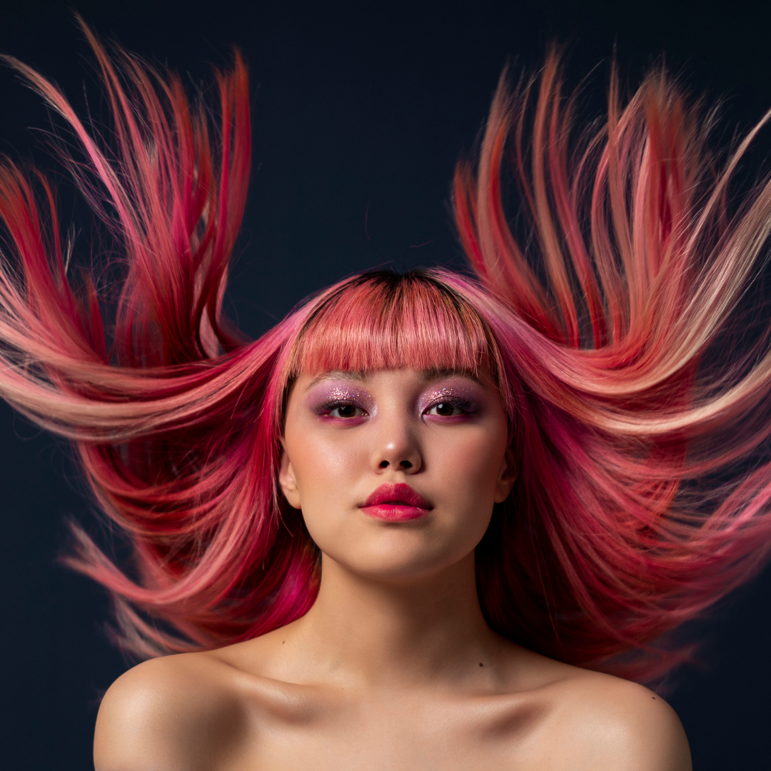 Editorial pink hair colour with flowing movement